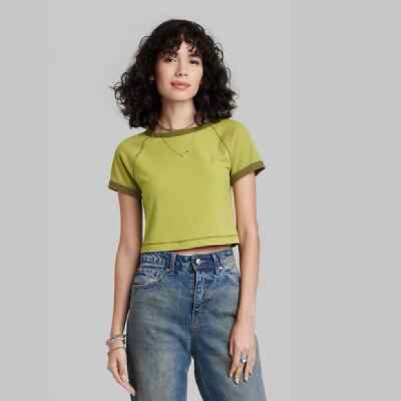wild fable Tops - Wild Fable | Ribbed Ringer Baby Tee in Green Size L Large